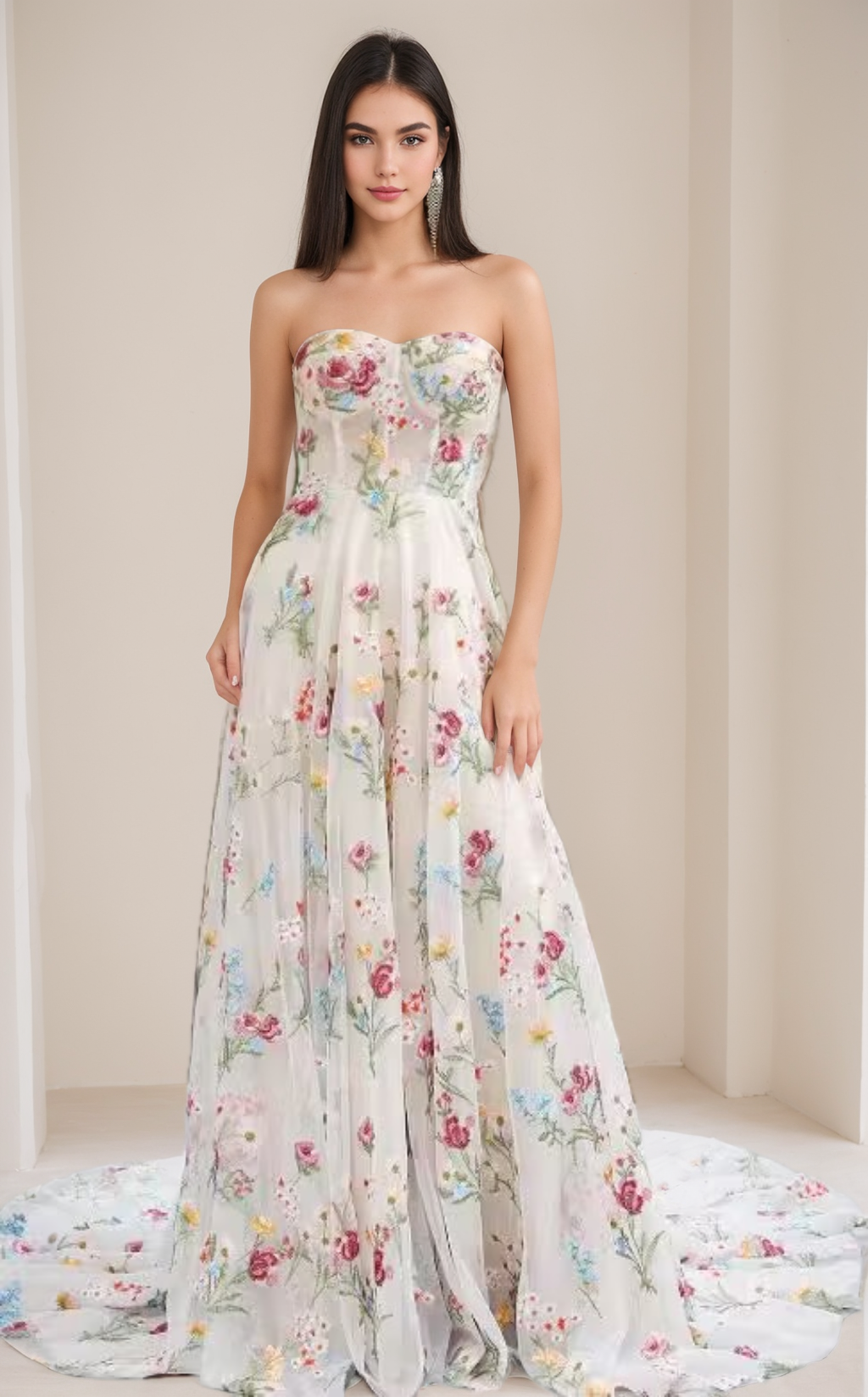 Robe de Soirée Trapèze/Princesse à Fleurs, Sans Bretelles, Longueur Au Sol, avec Broderies