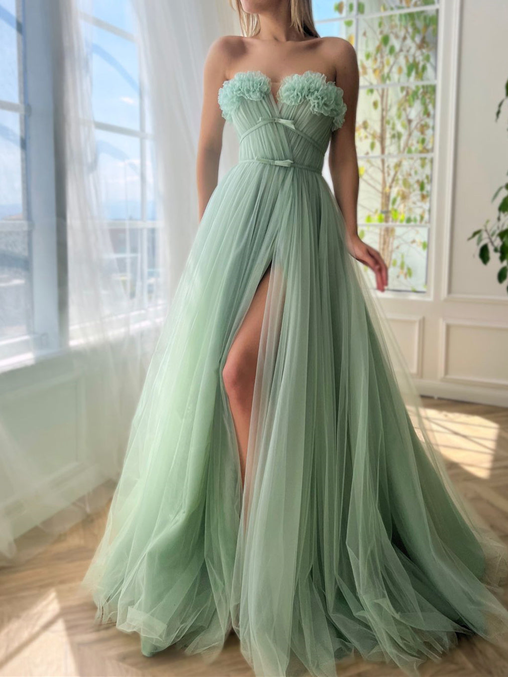 Robe de Bal Trapèze/Princesse Sans Bretelles à Décolleté en Cœur et Longueur Au Sol avec Fente