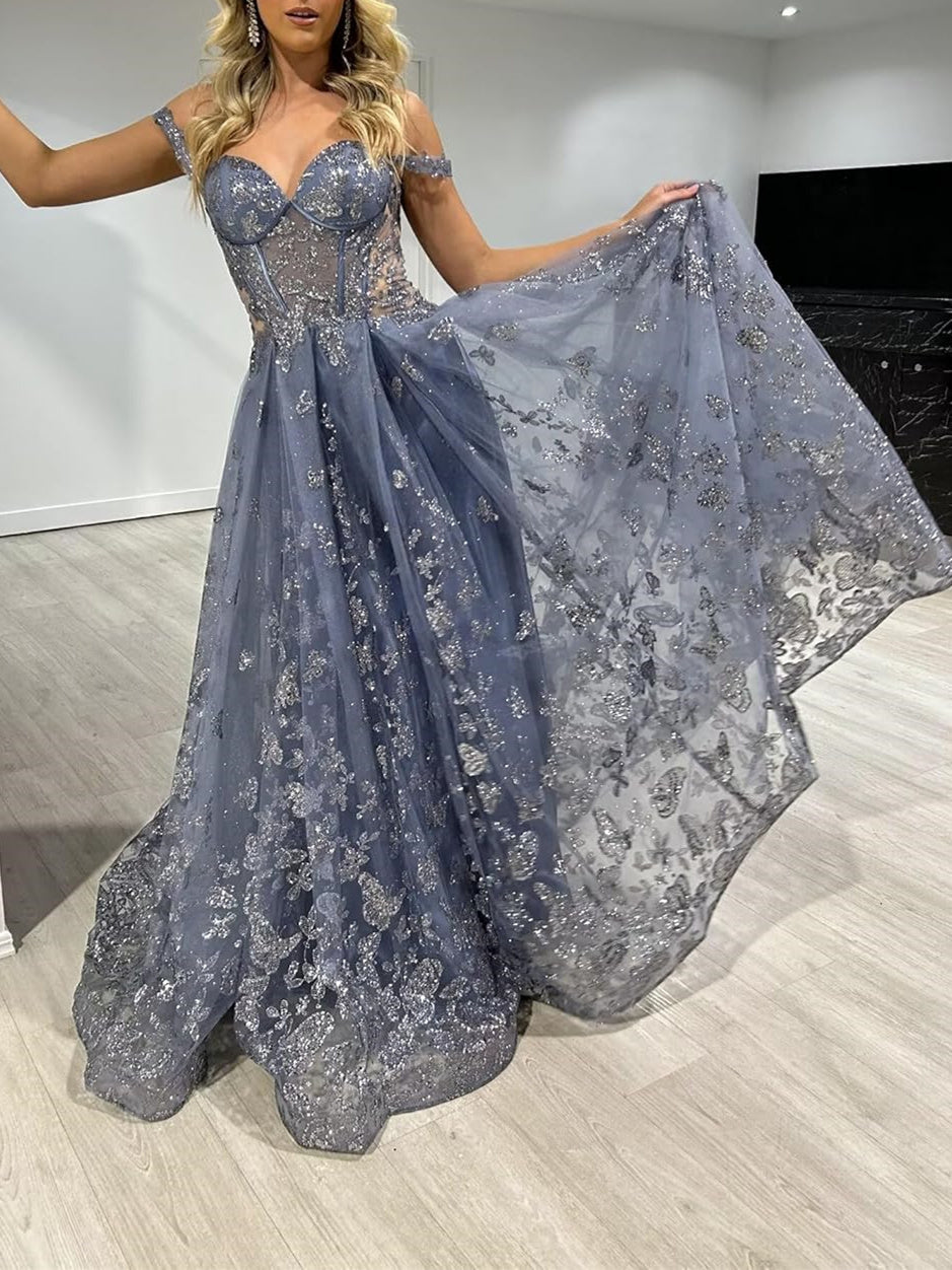 Robe de Soirée Trapèze/Princesse à Bretelles Spaghetti et Longueur Au Sol avec Appliqués