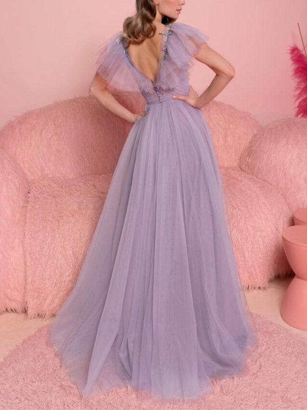 Robe de Soirée Trapèze/Princesse à Col en V et Manches Courtes, Longueur Au Sol, avec Volants