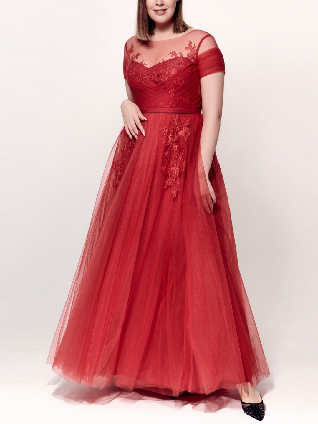 Robe de Soirée Trapèze/Princesse à Col Bijou, Manches Courtes, Longueur Cheville, avec Appliques