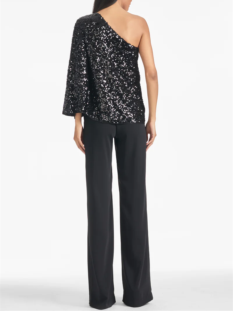 Robe de Soirée Noire à Une Épaule avec Sequins