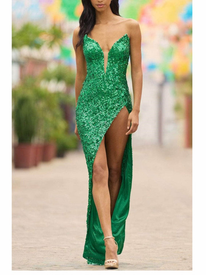 Robe de Soirée Trapèze/Princesse à Col en V et Longueur Au Sol avec Fente Haute