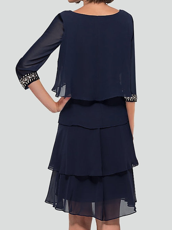 Robe de Cocktail Fourreau/Colonne à Manches Mi-Longues avec Volants en Strass