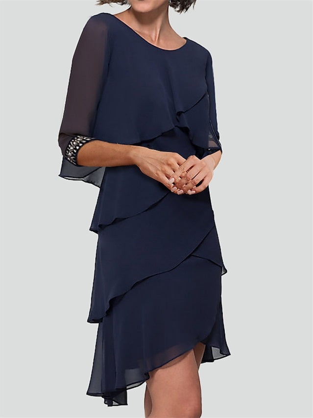 Robe de Cocktail Fourreau/Colonne à Manches Mi-Longues avec Volants en Strass