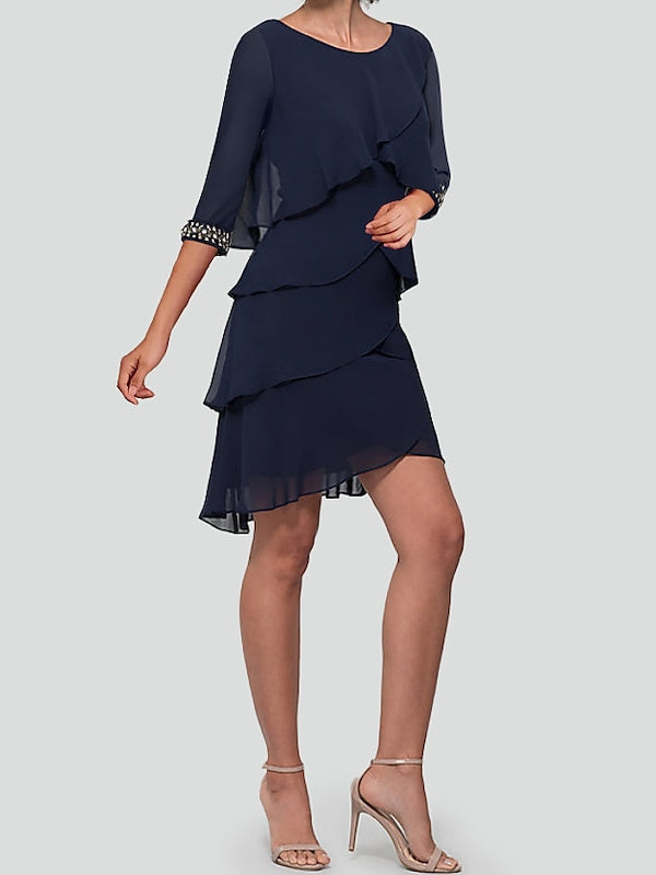 Robe de Cocktail Fourreau/Colonne à Manches Mi-Longues avec Volants en Strass