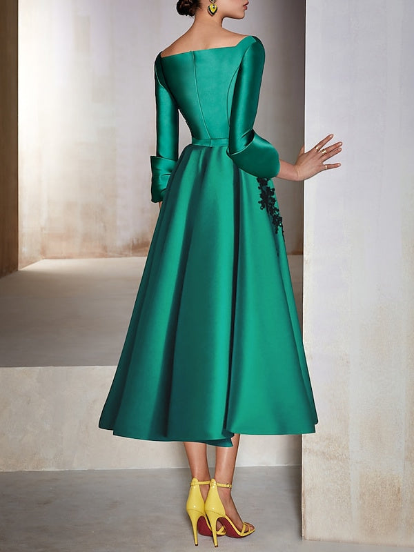 Robe de Cocktail Trapèze/Princesse à Manches 3/4 et Longueur Thé avec Appliques