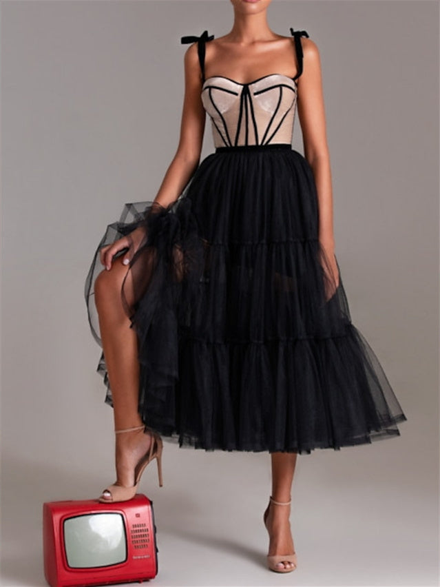 Robe de Cocktail Trapèze/Princesse Longueur Thé avec Bretelles Spaghetti et Décolleté en Cœur