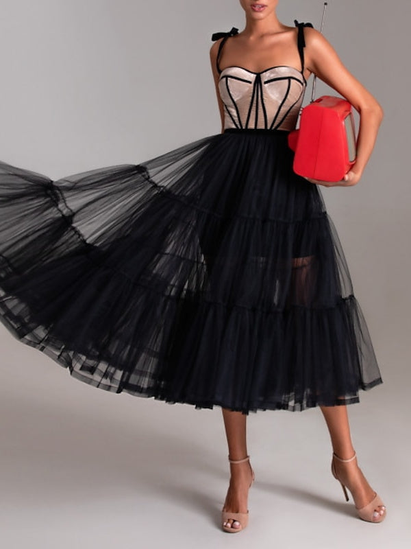 Robe de Cocktail Trapèze/Princesse Longueur Thé avec Bretelles Spaghetti et Décolleté en Cœur