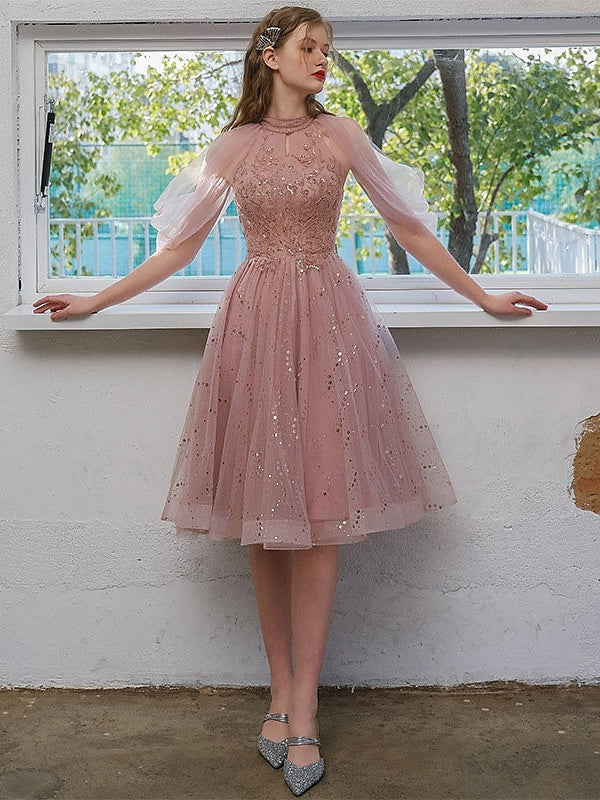 Robe de Cocktail Trapèze/Princesse Longueur Genou avec Col Bijou et Appliques à Paillettes