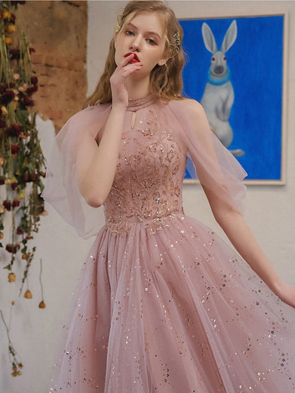 Robe de Cocktail Trapèze/Princesse Longueur Genou avec Col Bijou et Appliques à Paillettes