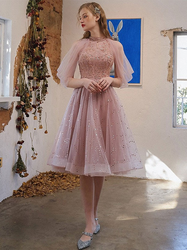 Robe de Cocktail Trapèze/Princesse Longueur Genou avec Col Bijou et Appliques à Paillettes