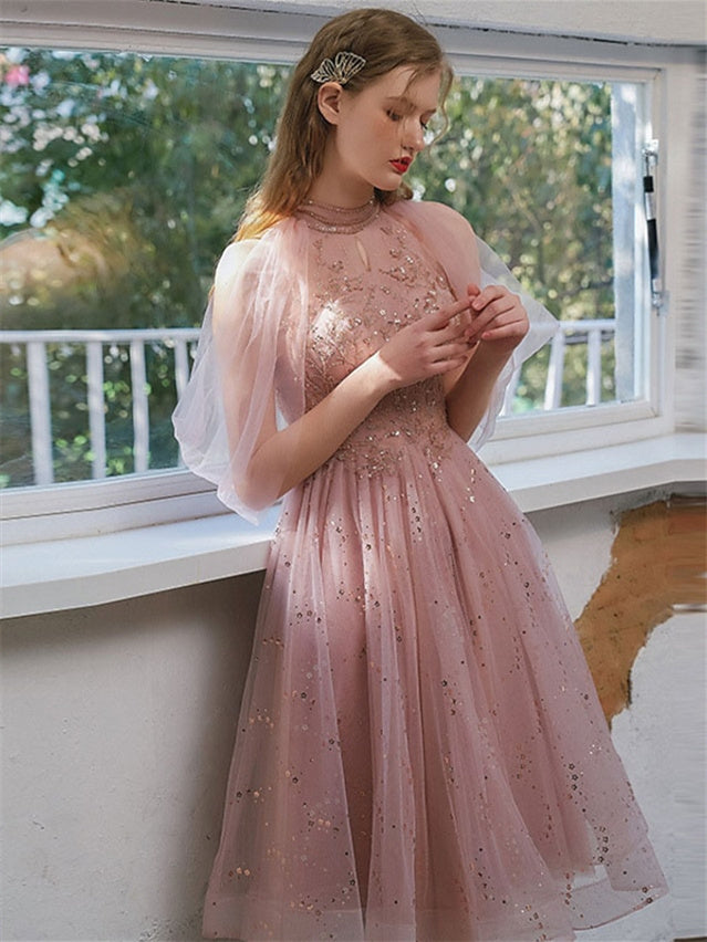 Robe de Cocktail Trapèze/Princesse Longueur Genou avec Col Bijou et Appliques à Paillettes
