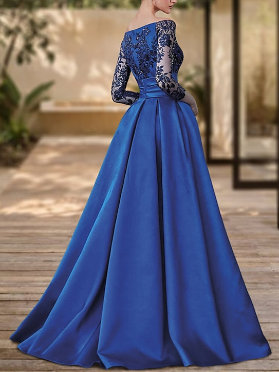 Robe de Soirée Trapèze/Princesse à Col en V et Manches Longues avec Fente