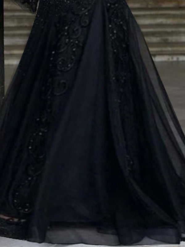 Robe de Soirée Trapèze/Princesse à Col en V et Manches Longues avec Appliques