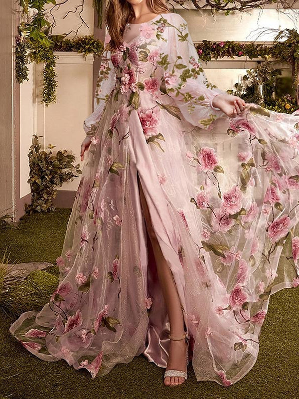 Robe de Soirée Trapèze/Princesse à Manches Longues et Traîne Courte avec Imprimé Floral