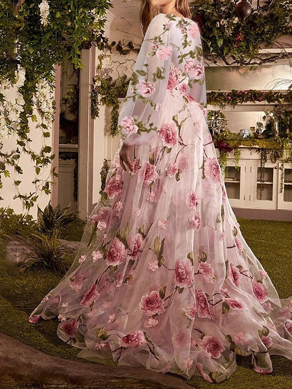 Robe de Soirée Trapèze/Princesse à Manches Longues et Traîne Courte avec Imprimé Floral