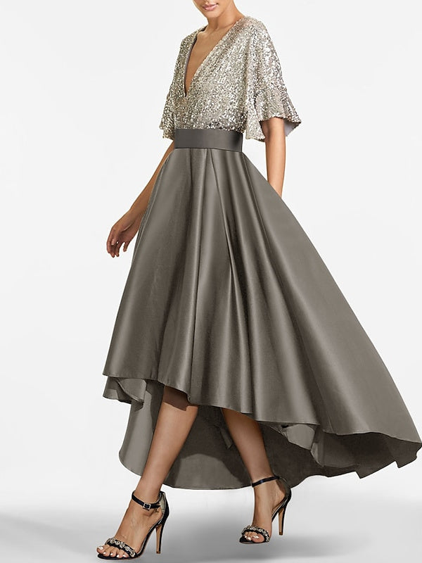 Robe de Cocktail Asymétrique à Manches Courtes et Col en V, Coupe A-Line/Princess