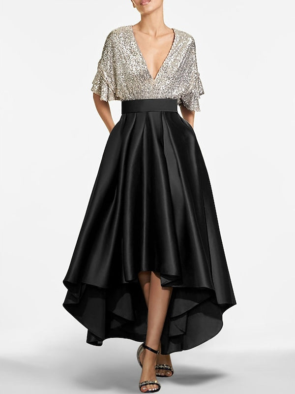 Robe de Cocktail Asymétrique à Manches Courtes et Col en V, Coupe A-Line/Princess