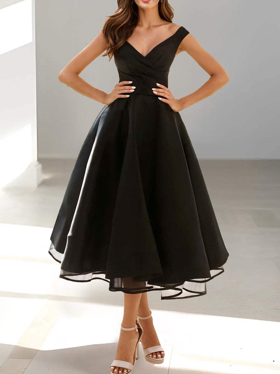 Robe de Soirée Trapèze/Princesse à Col en V Sans Manches et Longueur Thé