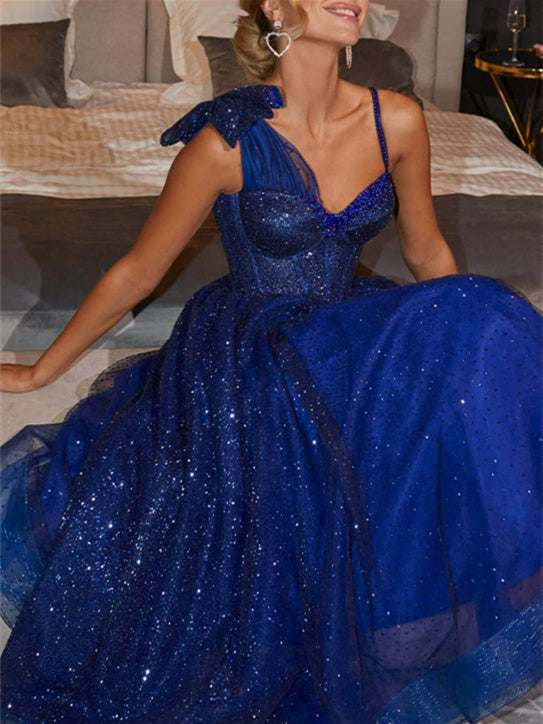 Robe de Soirée Longue à Bretelles Spaghetti Sans Manches, Coupe A-Line/Princess, avec Paillettes