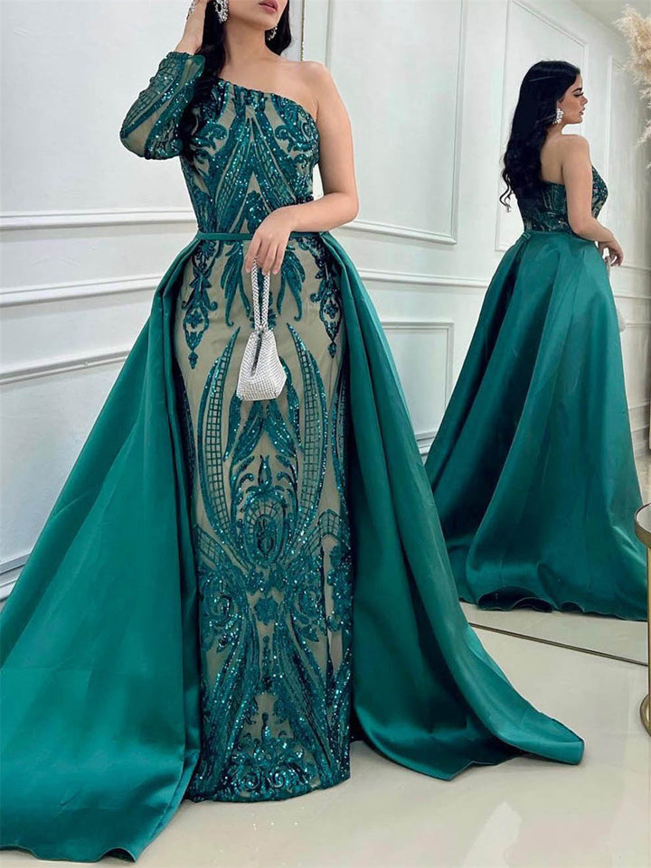 Robe de Soirée Fourreau/Colonne à Une Épaule et Traîne avec Paillettes