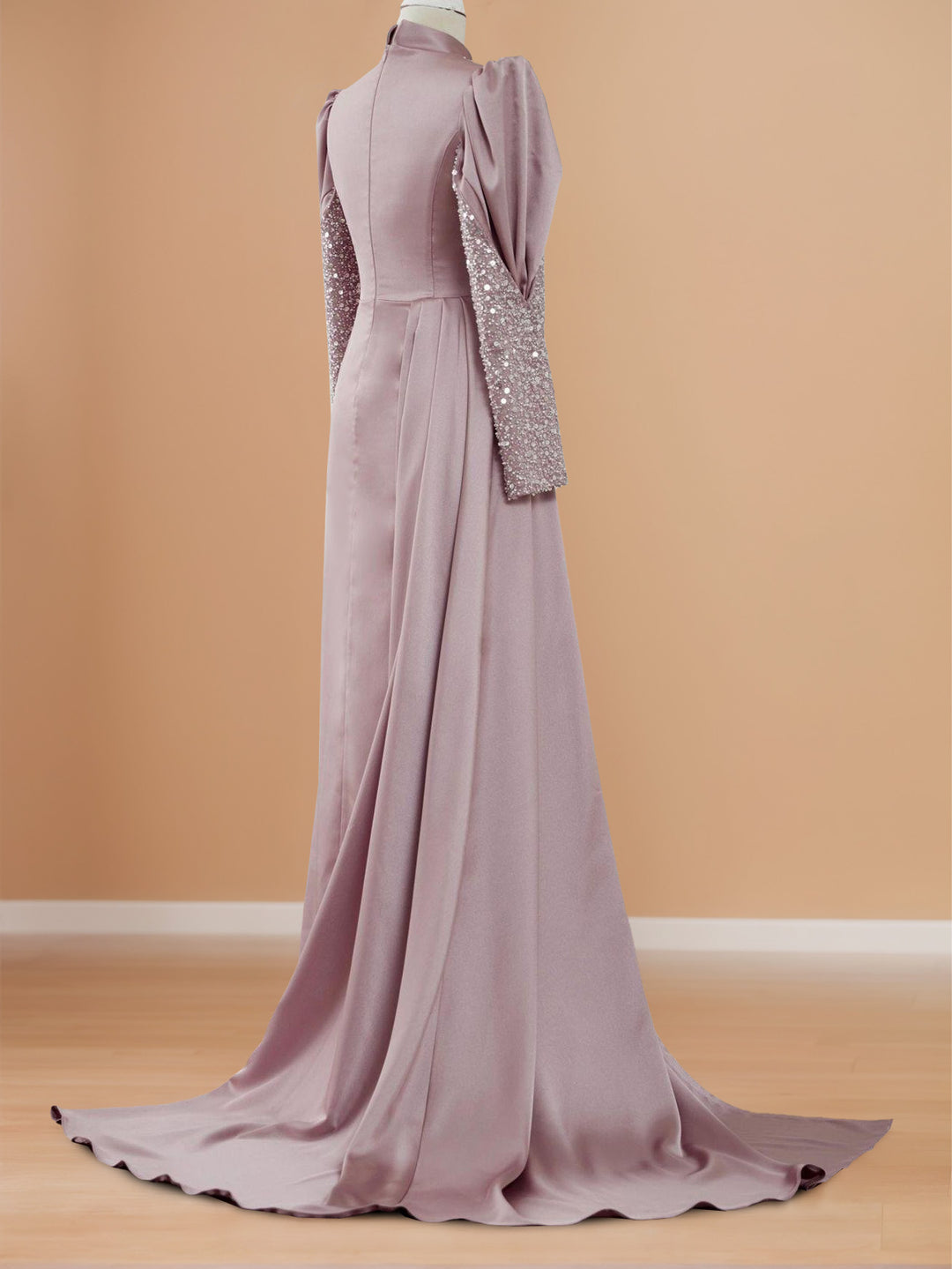 Robe de Soirée Trapèze/Princesse à Manches Longues et Col Bijou avec Plis Pailletés et Fronces