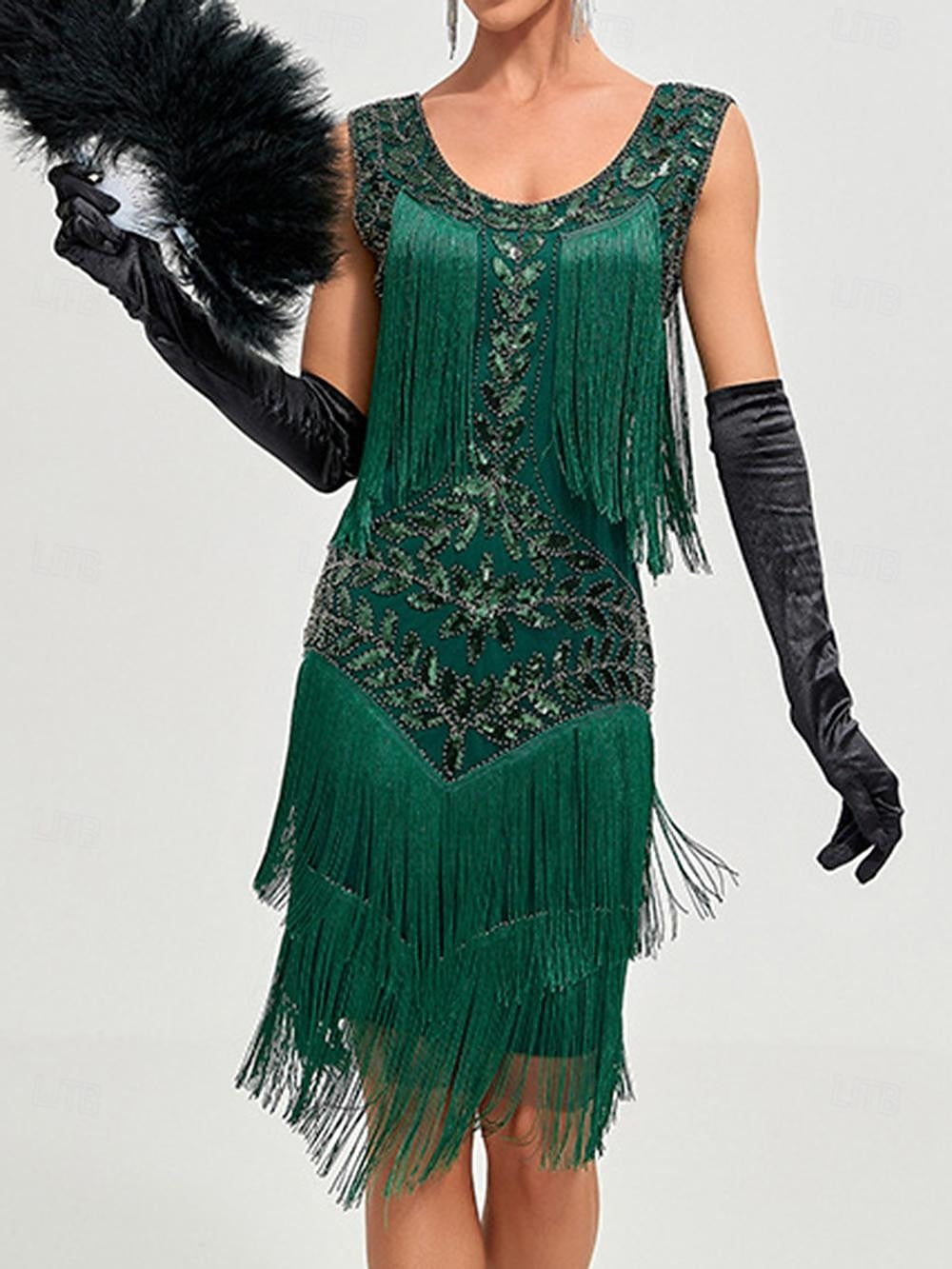 Robe Vintage Trapèze/Princesse Sans Manches, Longueur Genou, avec Paillettes et Franges à Pampilles
