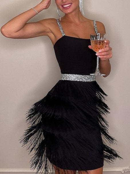 Robe Vintage Trapèze/Princesse à Bretelles Spaghetti Sans Manches, Longueur Genou, avec Franges à Pampilles