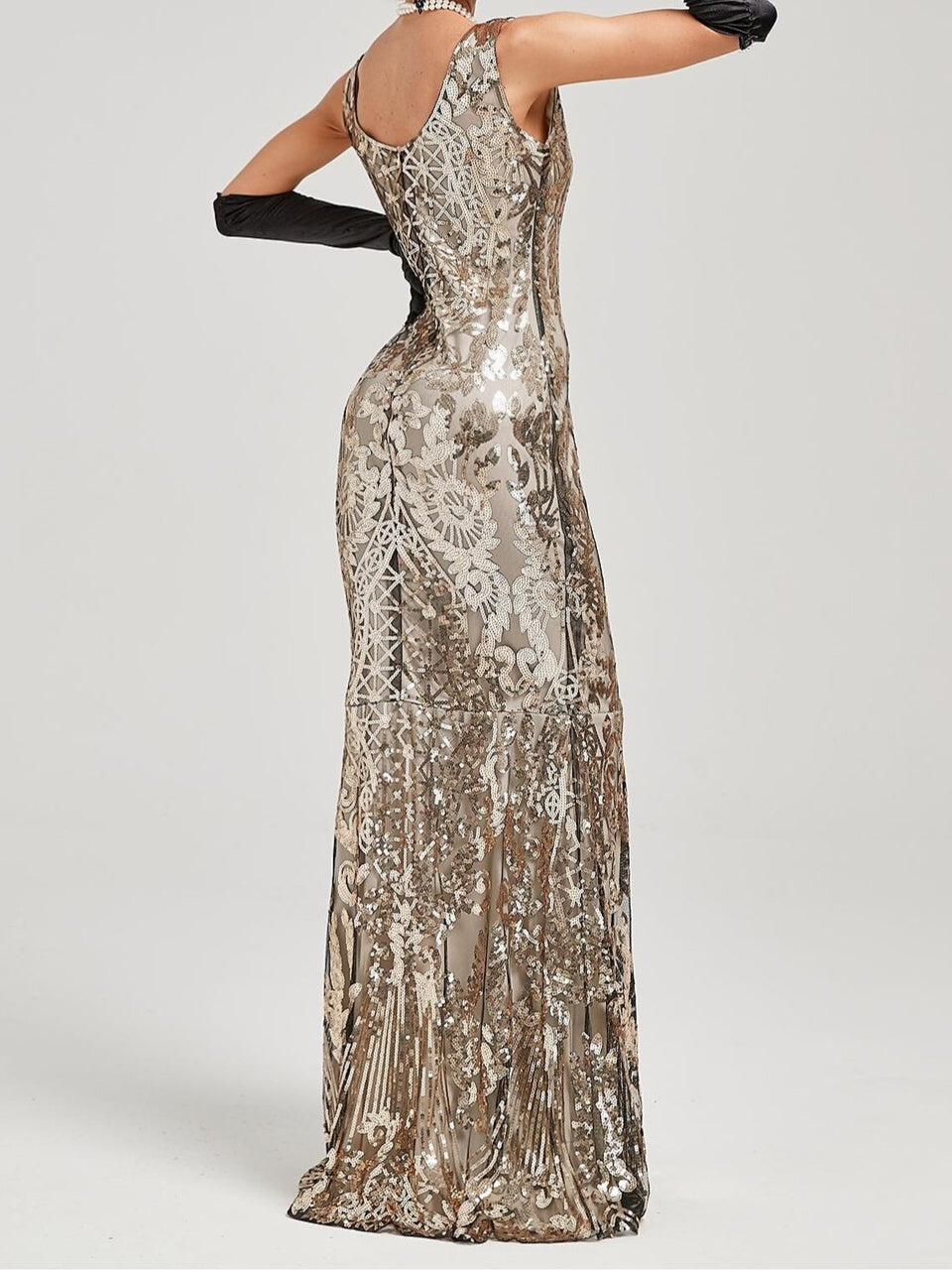 Robe Trapèze/Princesse à Épaules Dénudées Sans Manches, Longueur Au Sol, Style Vintage, avec Sequins