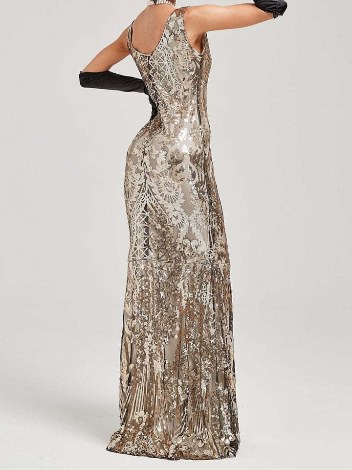 Robe Trapèze/Princesse à Épaules Dénudées Sans Manches, Longueur Au Sol, Style Vintage, avec Sequins