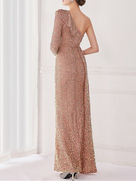 Robe de Soirée Sirène/Trompette Asymétrique avec Fente à Paillettes