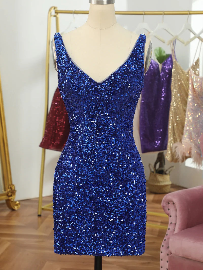 Robe Fourreau/Colonne à Col en V Sans Manches, Courte/Mini, pour Soirée, Danse, Cocktail, Retour à la Maison, avec Paillettes