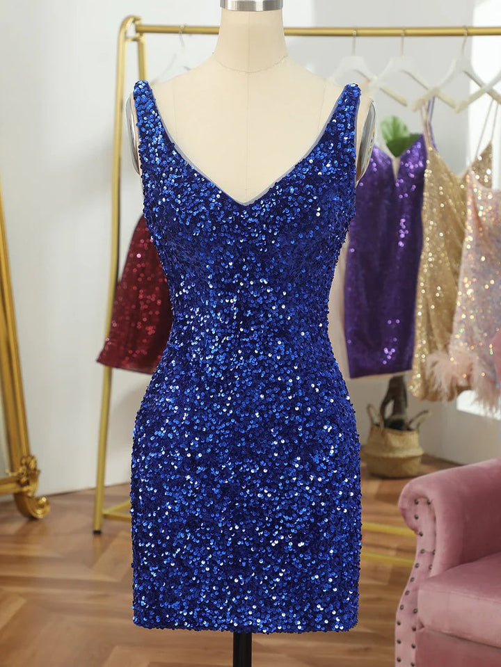 Robe Fourreau/Colonne à Col en V Sans Manches, Courte/Mini, pour Soirée, Danse, Cocktail, Retour à la Maison, avec Paillettes