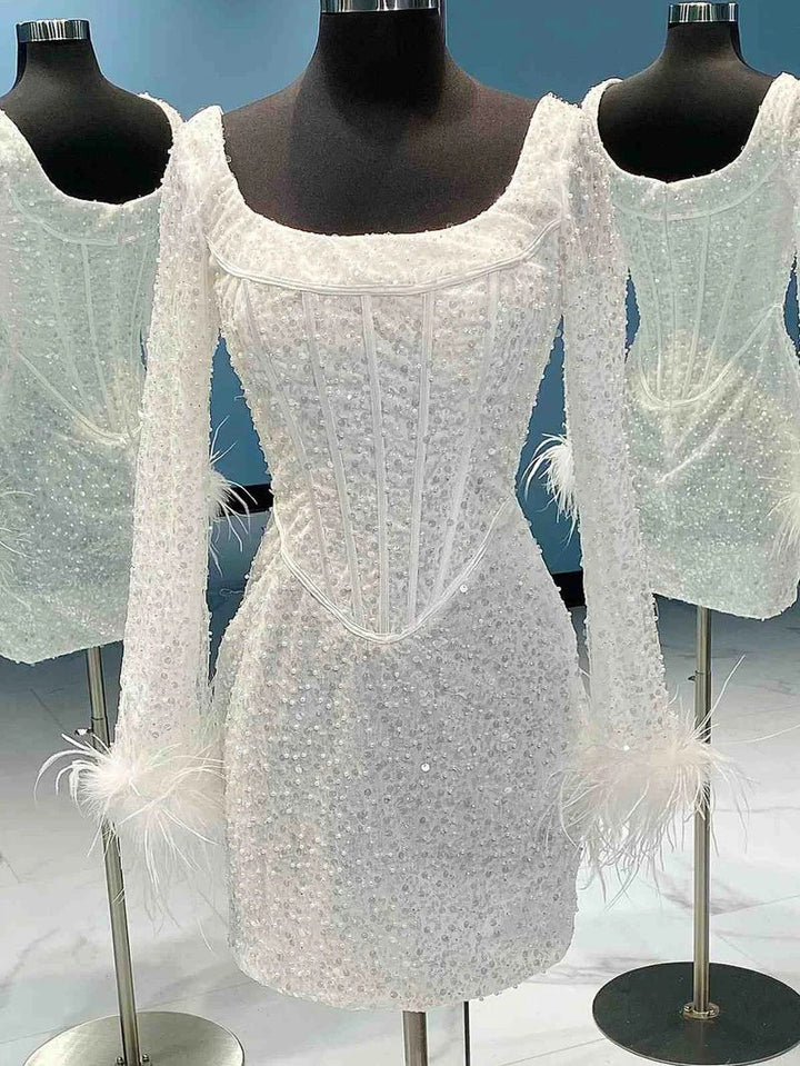 Robe Fourreau/Colonne à Manches Longues, Courte/Mini, pour Soirée, Danse, Cocktail, Retour à la Maison, avec Plumes