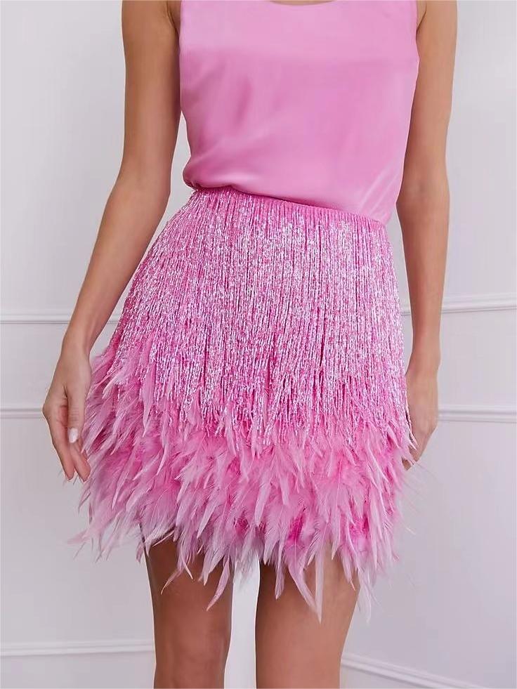 Robe Courte/Mini Vintage Sans Manches à Col Bijou avec Plumes