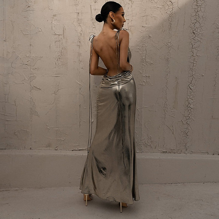 Robe Vintage Trapèze/Princesse à Bretelles Spaghetti Sans Manches et Longueur Au Sol