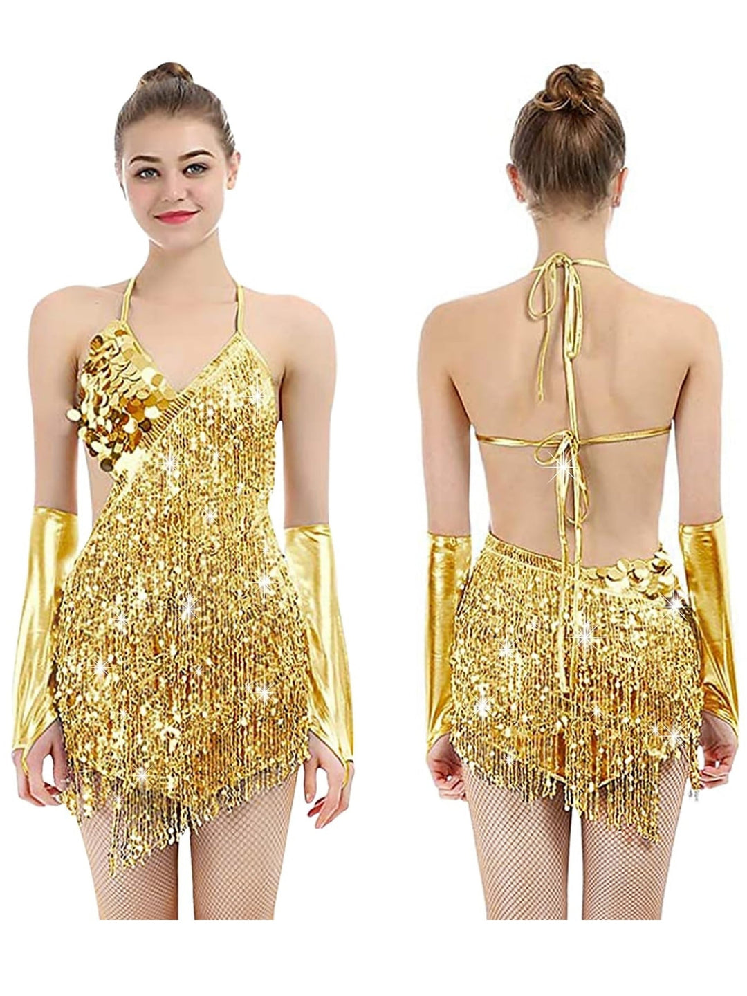 Robe Trapèze/Princesse à Col en V Sans Manches, Courte/Mini, Vintage, avec Paillettes et Franges à Pampilles