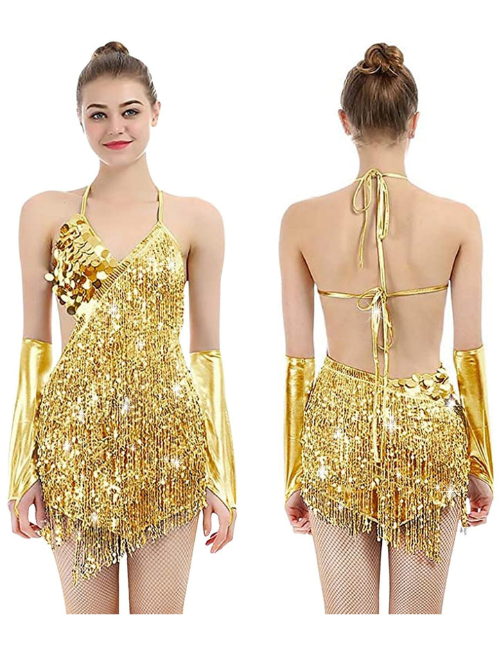 Robe Trapèze/Princesse à Col en V Sans Manches, Courte/Mini, Vintage, avec Paillettes et Franges à Pampilles