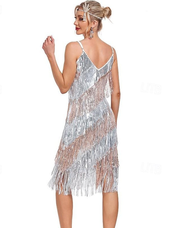 Robe Vintage Trapèze/Princesse à Bretelles Spaghetti, Col en V, Sans Manches, Longueur Genou, avec Paillettes et Franges à Pampilles