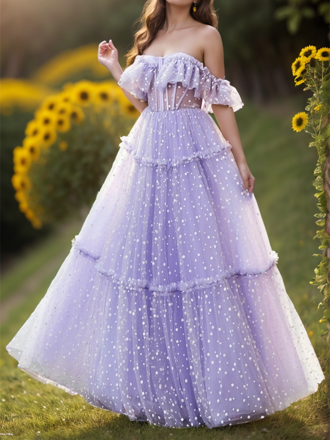 Robe de Soirée Trapèze/Princesse à Pois, Longueur Au Sol