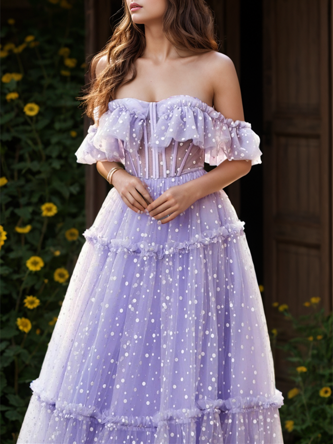 Robe de Soirée Trapèze/Princesse à Pois, Longueur Au Sol