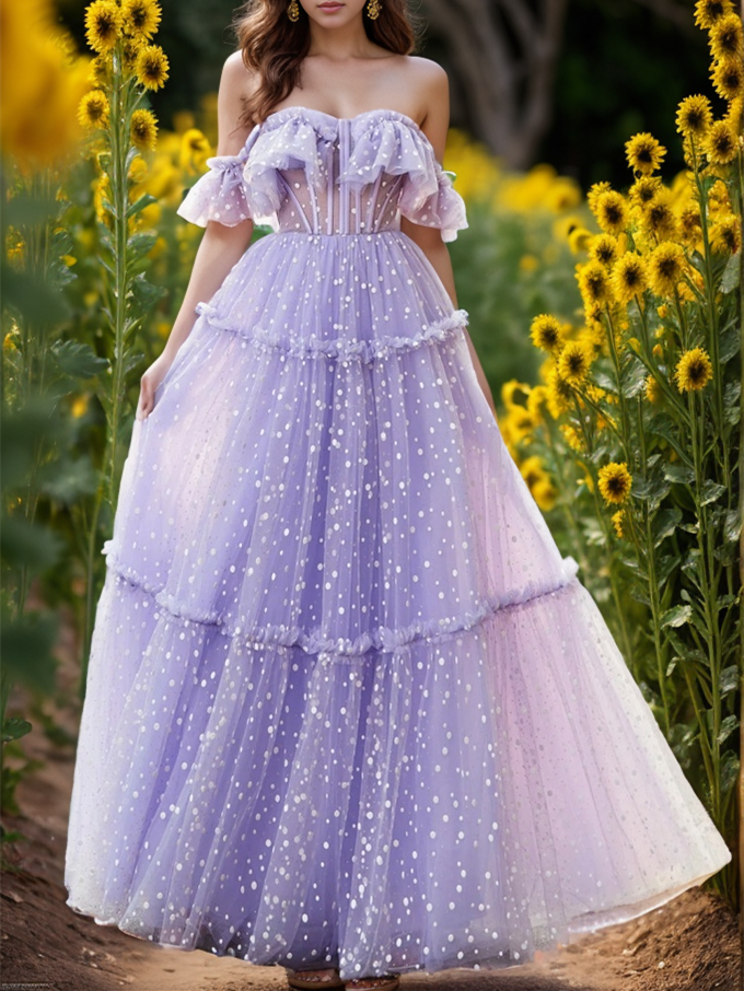 Robe de Soirée Trapèze/Princesse à Pois, Longueur Au Sol