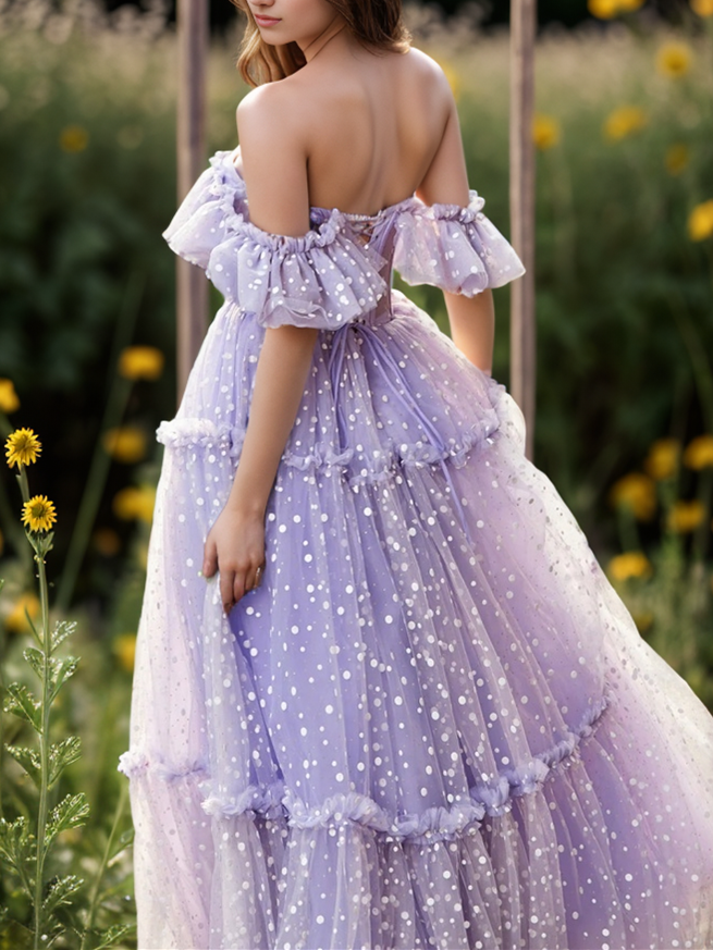 Robe de Soirée Trapèze/Princesse à Pois, Longueur Au Sol