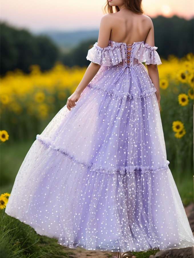 Robe de Soirée Trapèze/Princesse à Pois, Longueur Au Sol