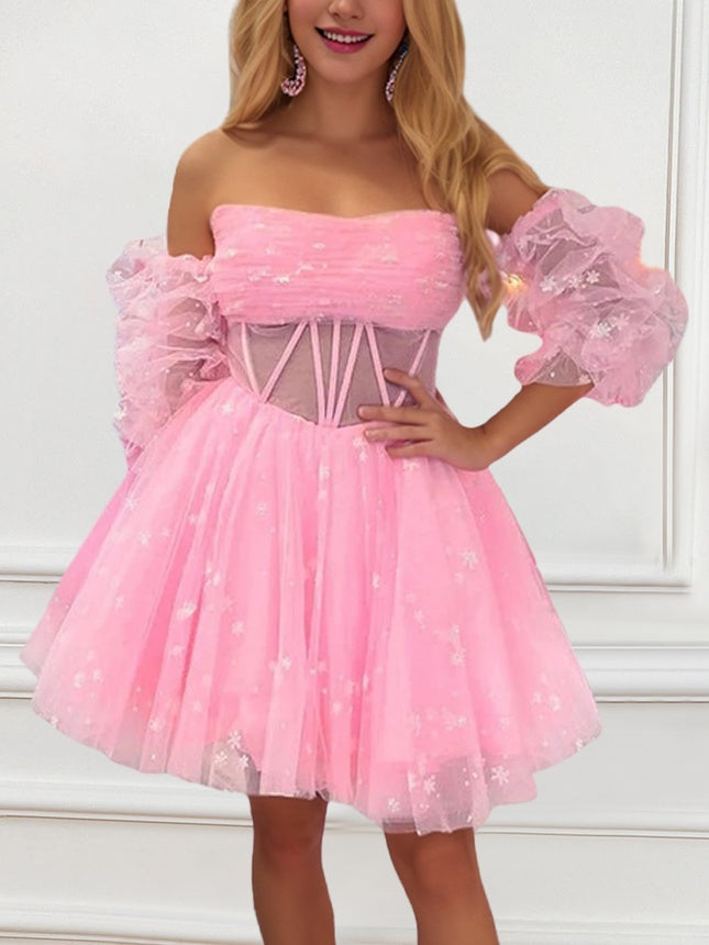 Robe de Soirée Courte/Mini, Coupe A-Line/Princesse, Sans Bretelles, Manches Ballon Amovibles, avec Plis, Corsage Corset Illusion