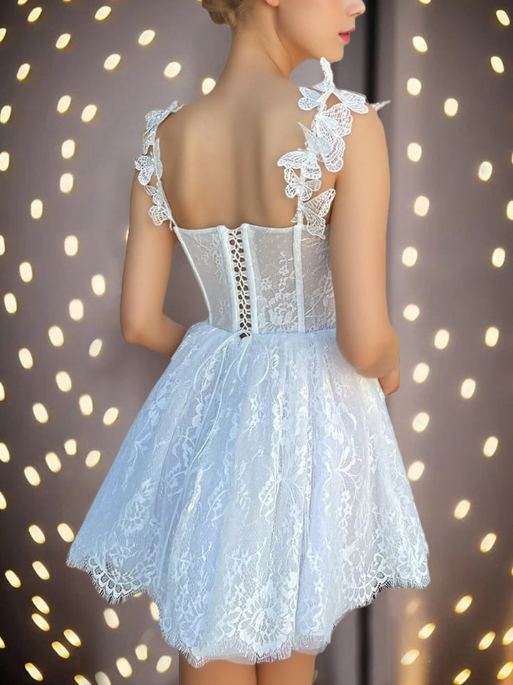 Robe de Soirée Courte/Mini Sans Manches, Coupe Trapèze/Princesse, Décolleté en Cœur, Robe de Cocktail, de Bal, de Soirée, avec Corsage Corset Illusion, Bretelles Papillon