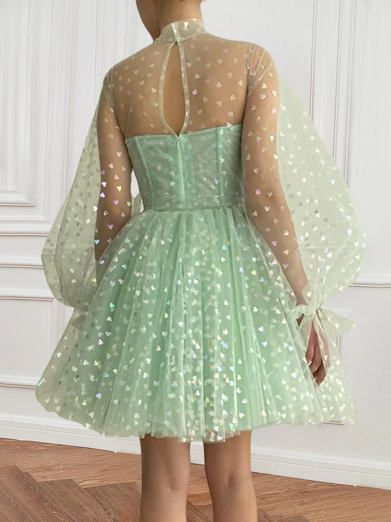 Robe de Soirée Trapèze/Princesse à Col Haut, Manches Longues Bouffantes, Courte/Mini, pour Cocktail, Soirée, Bal, Retour à la Maison, avec Corsage Corset Illusion, Plis