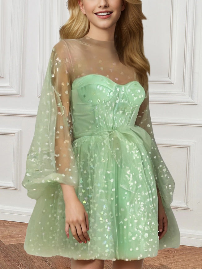 Robe de Soirée Trapèze/Princesse à Col Haut, Manches Longues Bouffantes, Courte/Mini, pour Cocktail, Soirée, Bal, Retour à la Maison, avec Corsage Corset Illusion, Plis