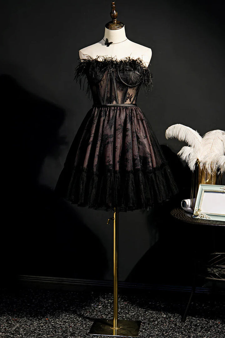 Robe de Soirée Courte/Mini Sans Manches, Coupe A-Line/Princesse, Sans Bretelles, pour Cocktail, Bal, Soirée, avec Plumes